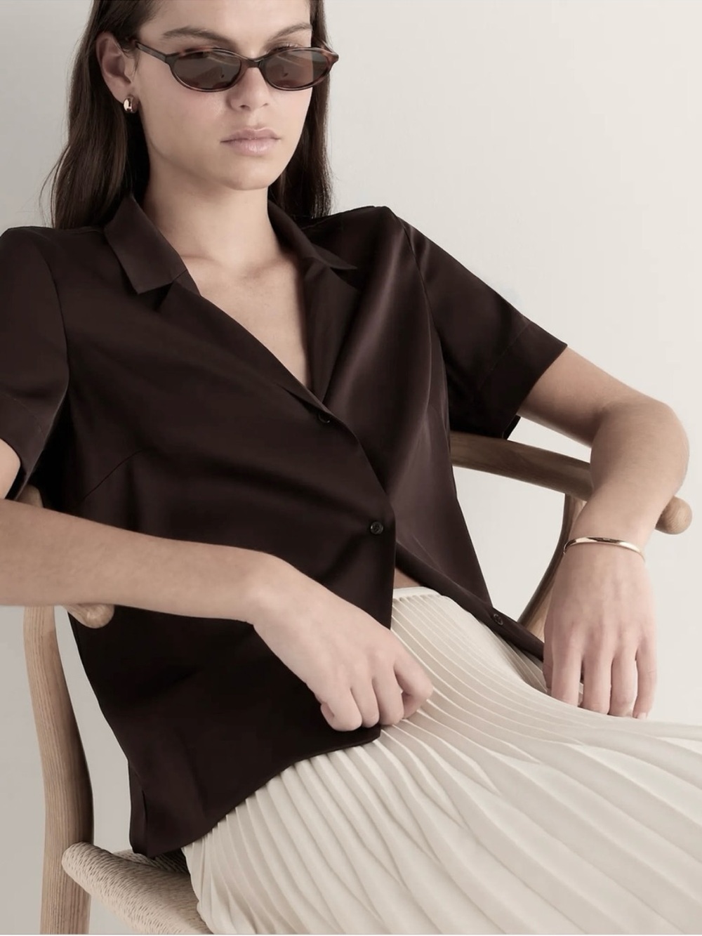 Quince Washable Stretch Silk Short Sleeve Notch Collar Blouse